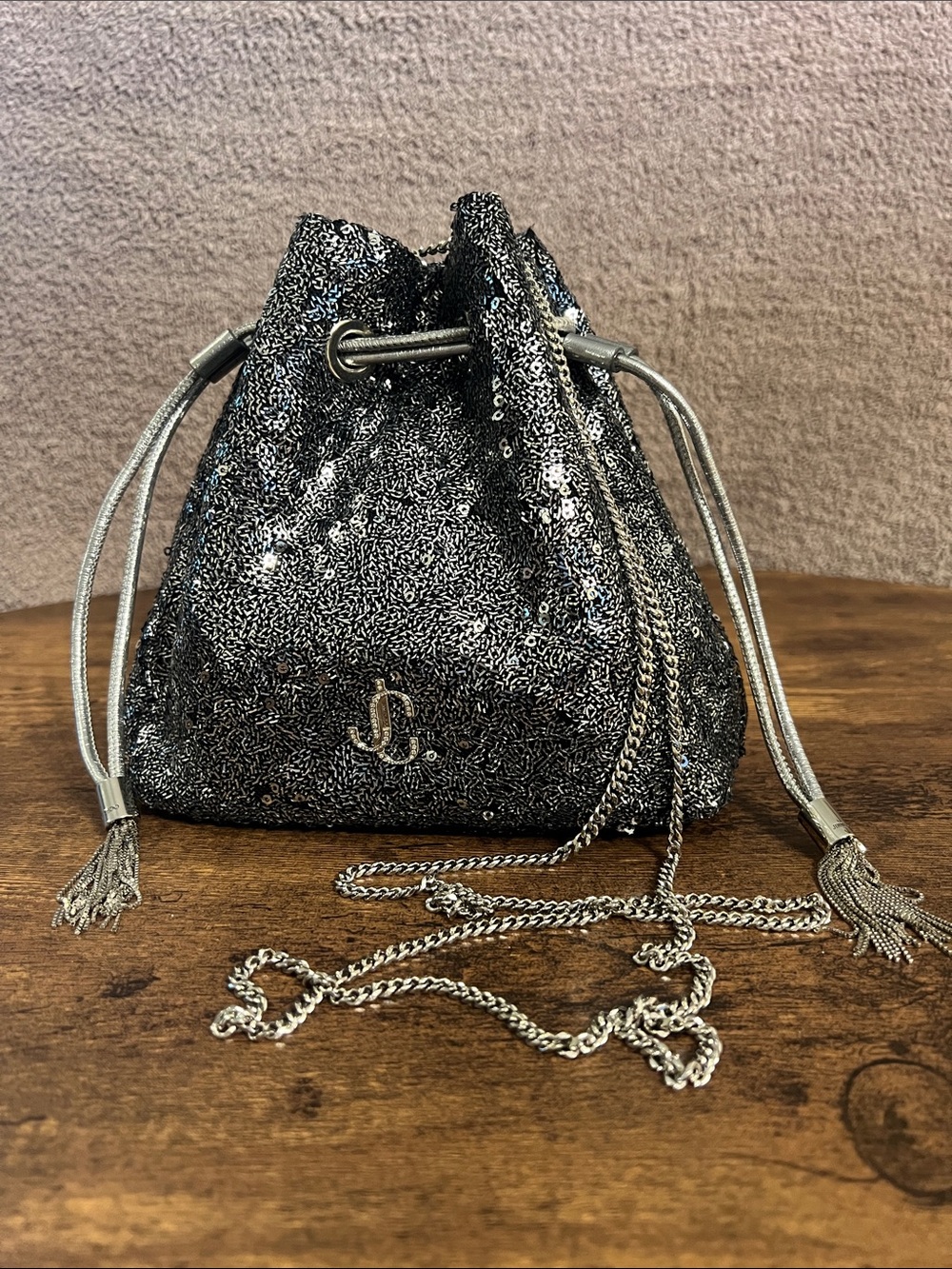Jimmy Choo Silver/Graphite Sequin Drawstring Mini Bucket Bag